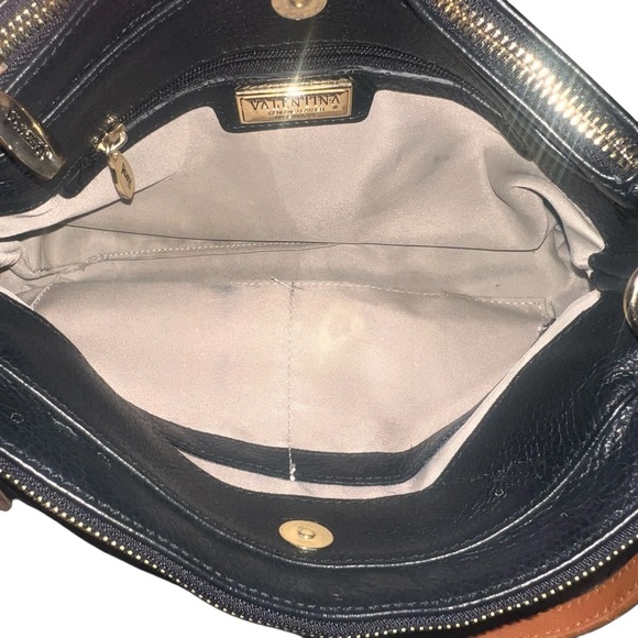 Valentina Triple Compartment Black Leather Shoulder Bag Tan Details - Picture 7 of 12